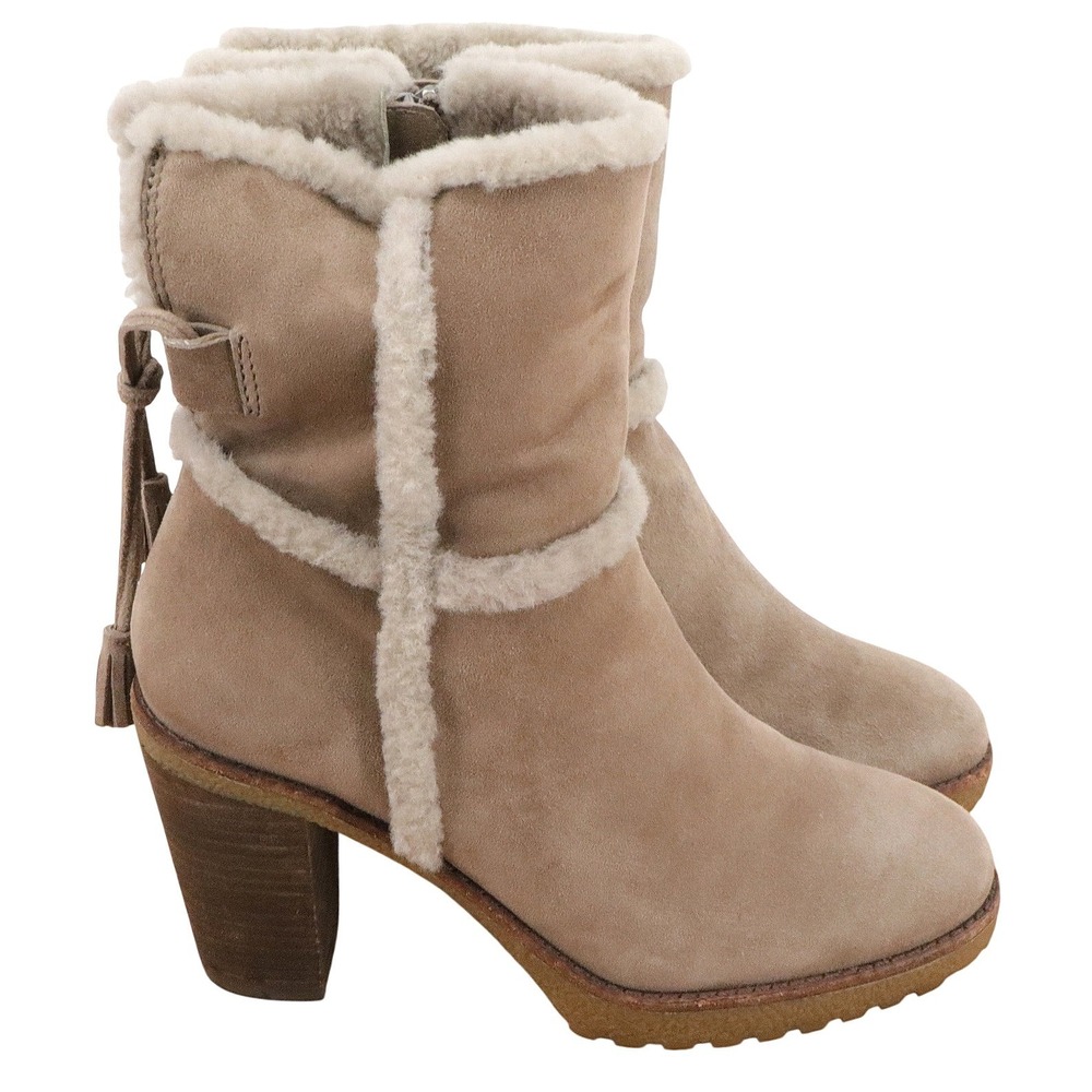 FRYE Jen Shearling Suede Ankle Boots Taupe Tassel Block Heel Women's 7 - Picture 2 of 11